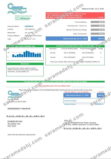 USA Consolidated Mutual Water business utility bill template in Word and PDF formats